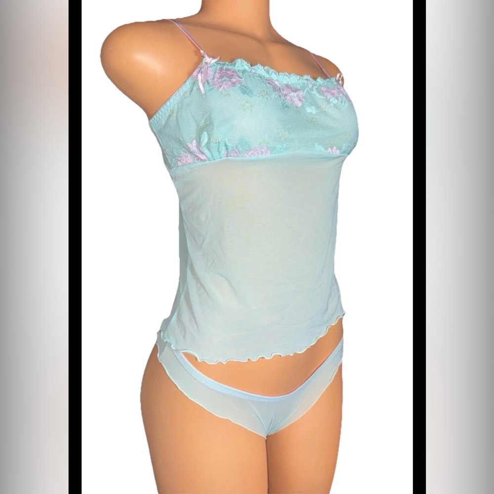 Light Blue Floral Lace Trim Camisole Set - Picture 3 of 6